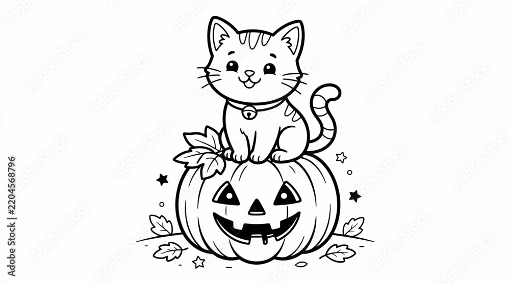 Fototapeta premium Cute Cat Sitting on Halloween Pumpkin Coloring Page