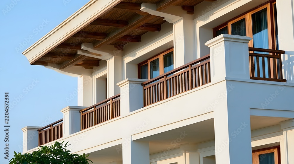 Obraz premium Modern white villa with wooden balconies and beams under clear blue sky showcasing elegant architectural details