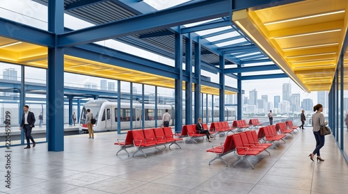 Modern Train Station Waiting Area with Red Seating and Large Windows