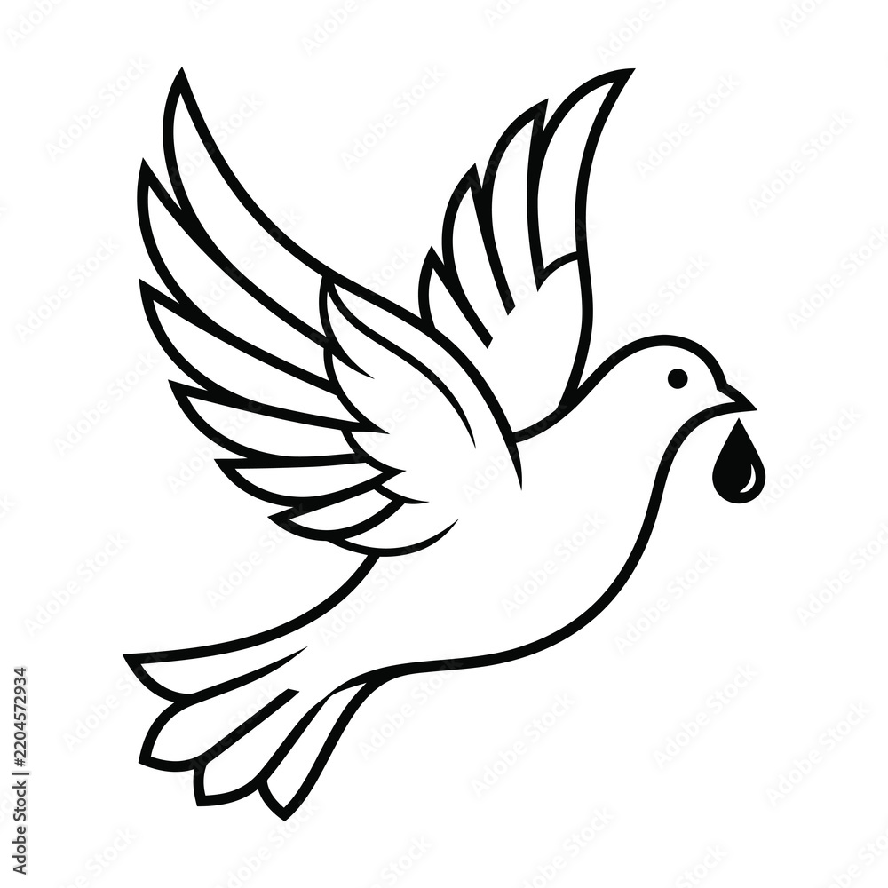 Obraz premium White Dove Flying with a Black Water Drop in its Beak Minimalist Line Art Symbol