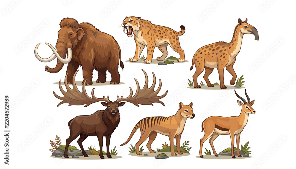 Obraz premium Prehistoric and extinct ice age animals vector set featuring woolly mammoth saber-toothed tiger thylacine and irish elk illustration