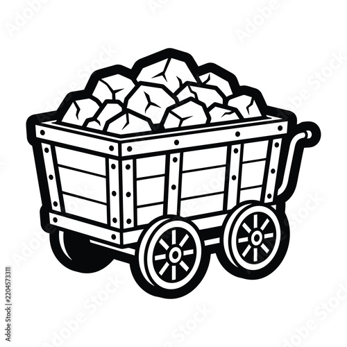 Mining Coal Cart Filled With Raw Mineral Ore Isolated On A Plain White Background