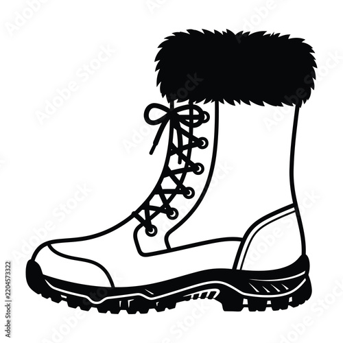 Winter boot with fur trim outline icon isolated on white background for design