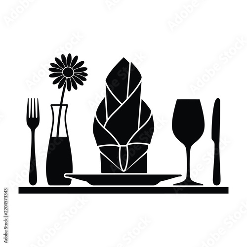 Table Setting Silhouette with Plate Napkin Wine Glass Cutlery and Flower Vase