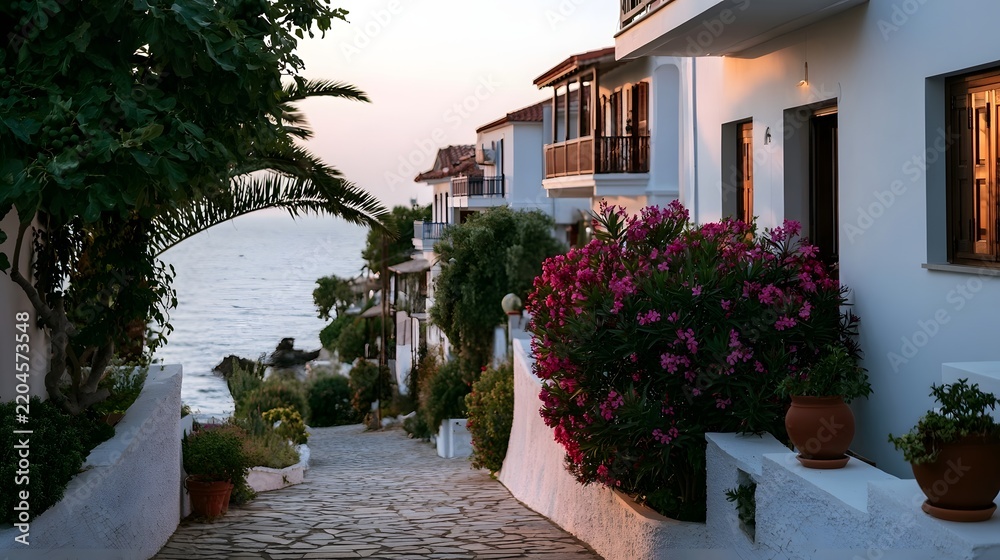Fototapeta premium A charming coastal village pathway lined with white buildings vibrant pink flowers and lush greenery leading to the sea