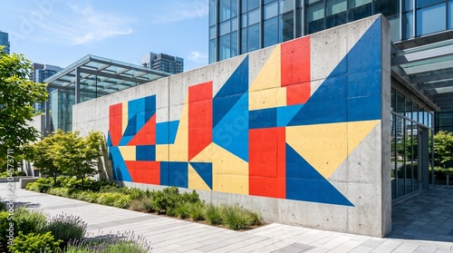 Abstract Geometric Mural on Modern Building Exterior with Bright Colors and Sharp Shapes