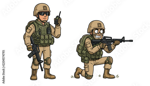 Obraz na plátně Military soldier character vector set featuring army infantry man with walkie ta