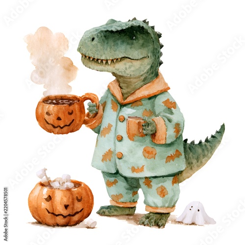 Cute dinosaur in pajamas holding a pumpkin mug with hot chocolate and marshmallows