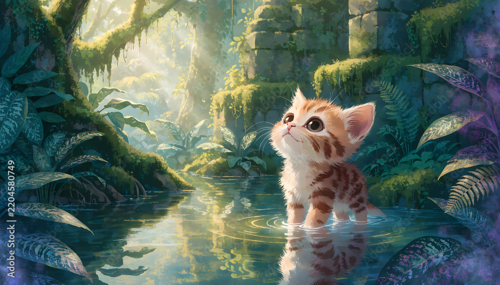 Obraz premium Wild nature environment and fantasy forest. Animal wildlife and wilderness discovery. Small cute orange tabby kitten standing in a jungle river