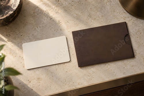 Luxury Hotel Key Card Mockup with Blank Card Sleeve on Stone Counter in Warm Natural Light