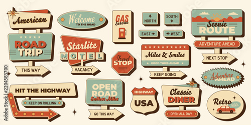 Retro American road trip sticker roadside sign set, travel arrows, welcome badges and vintage direction signs. Vector illustration in mid century 1950s style