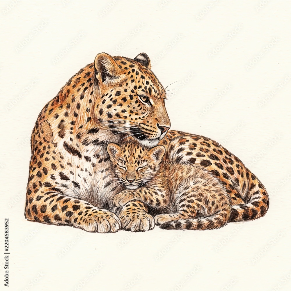 Fototapeta premium Illustration of a wild animal mother and her adorable baby, Tender Moments Between Mother and Cub in CGI Style