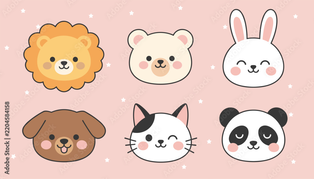 Fototapeta premium Cute cartoon animal face set including a lion, bear, rabbit, dog, cat, and panda on a soft pink starry background.