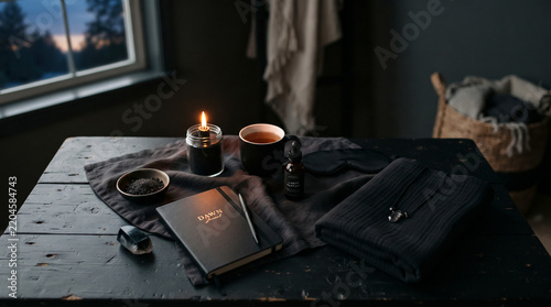 A dark still life featuring a candle tea journal and folded fabric on a wooden surface