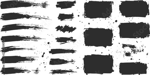 Rough grunge white and black mixed brush dash and block marks background texture.