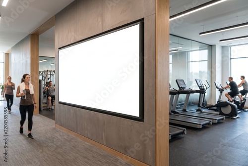 Blank horizontal advertising billboard mockup on modern wall inside premium fitness center with treadmills, gym equipment and active people working out along corridor for design display.