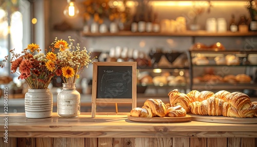 Fresh Croissants and Pastries on Bakery Counter with Blank Chalkboard Sign and Autumn Flowers