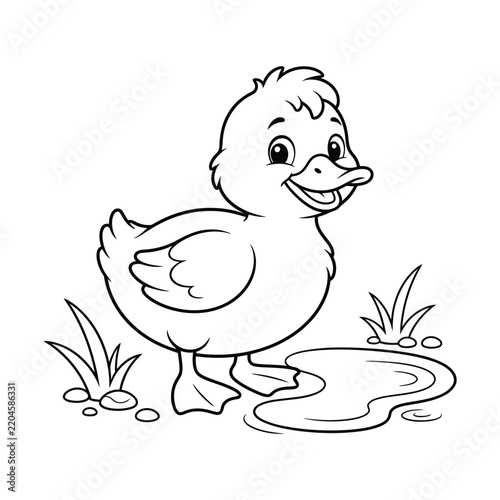 Foto Cute little duckling standing by a small pond for children coloring book page bl