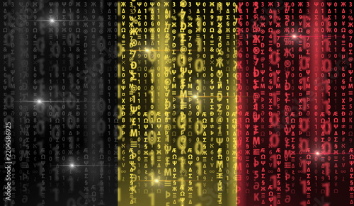 Flag of Belgium on a background of mixed digital symbols, binary numbers, programming characters, and cyber code patterns. Modern technology and information security concept.