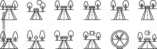 Set of black and white road and travel icons for route planning