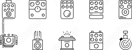 Set of guitar effects pedals in black and white line art style