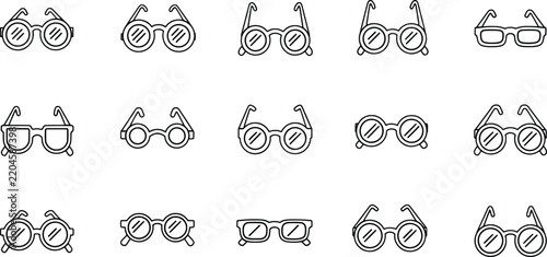 Set of round glasses icons in black line art for optical design