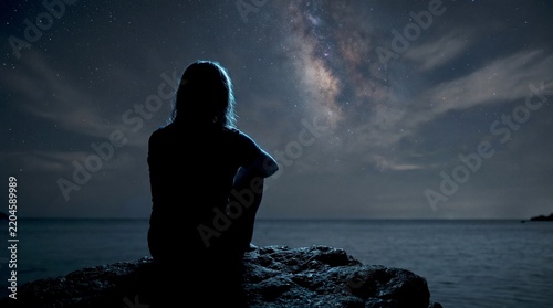 A lone figure sits on a rock by the ocean, gazing at the breathtaking Milky Way galaxy against a night sky