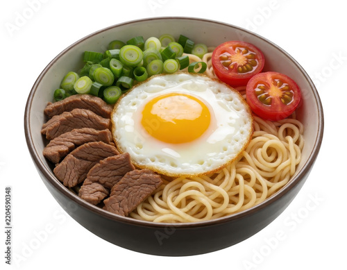 Noodle Bowl with Fried Egg and Beef Transparent Background
