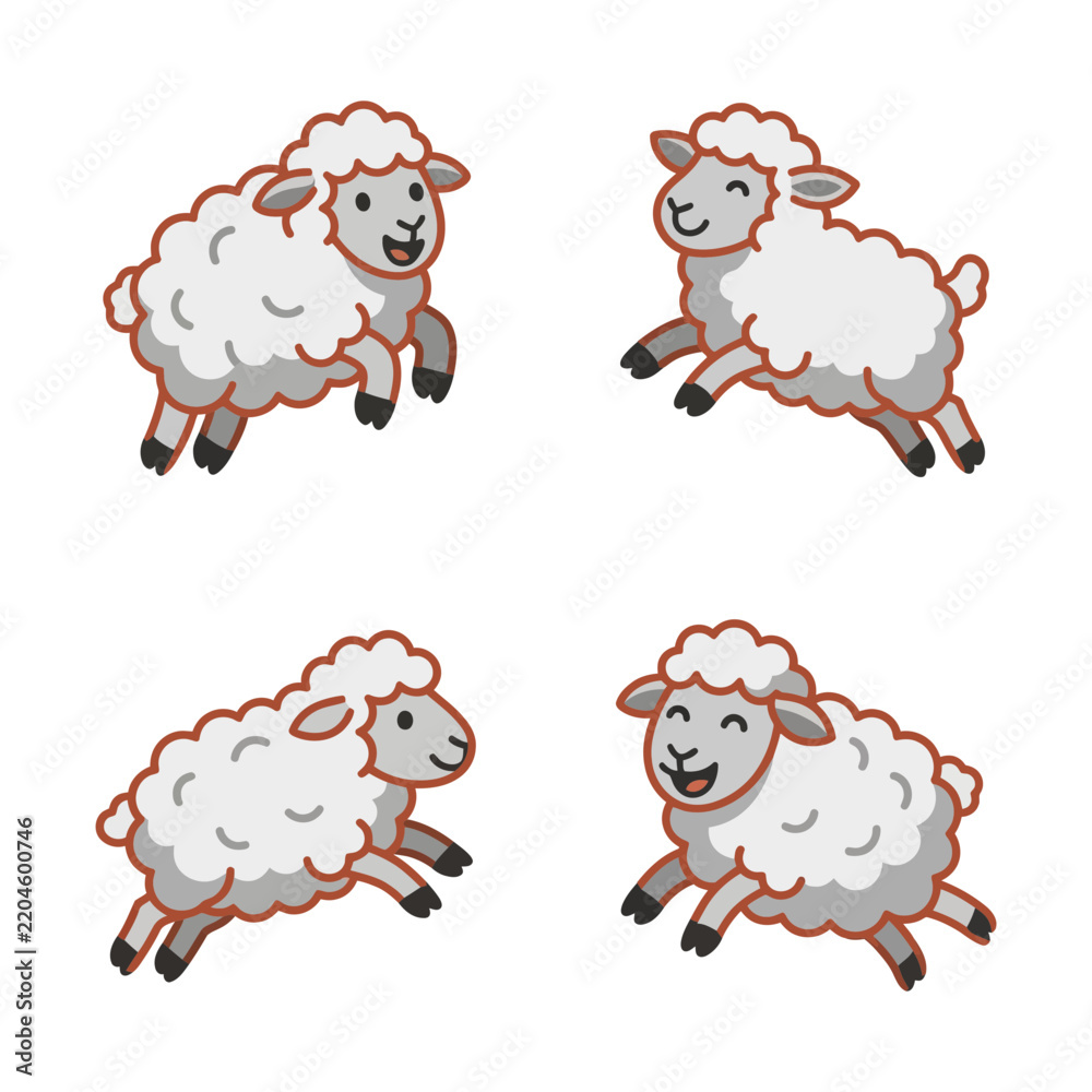 Obraz premium Four cute cartoon sheep jumping and playing.