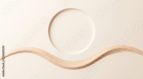Minimalist image featuring a circular indentation and a smooth, wavy line of sand on a beige surface.