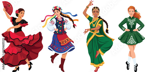 Traditional Folk Dance Women Vector Character Set with Flamenco Ukrainian Hopak Indian Bharatanatyam and Irish Step Dancer Costumes
