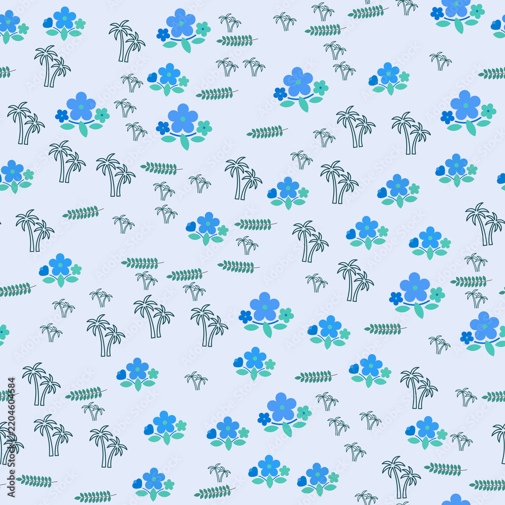 Fototapeta premium Blue flowers and palm trees pattern