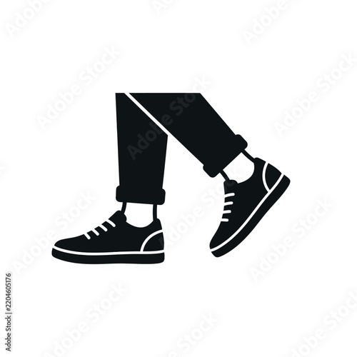 Person walking in sneakers and pants black and white illustration.