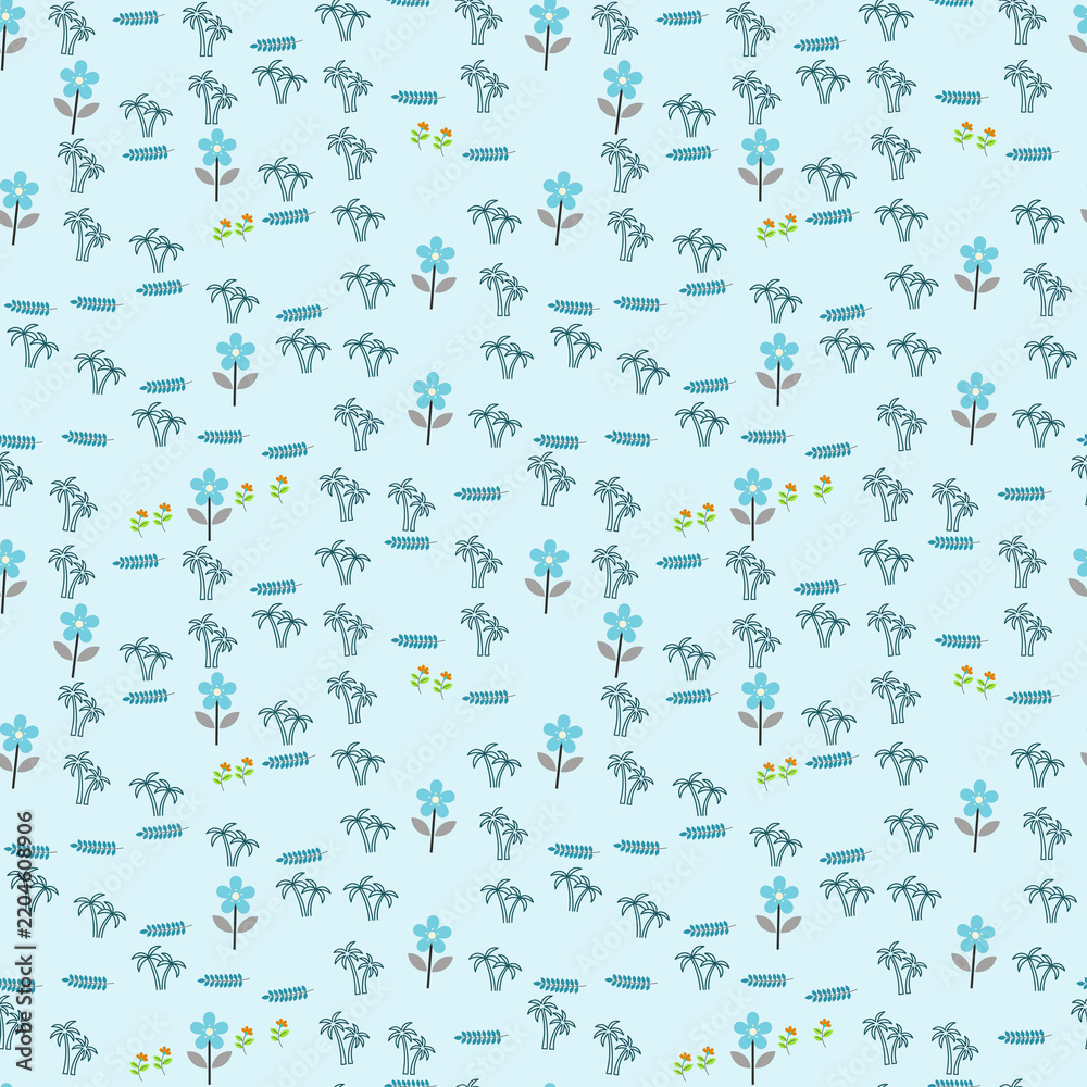 Fototapeta premium Stylized palm trees and flowers seamless pattern