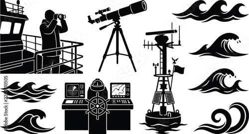 Nautical silhouette vector set featuring ship lookout, navigation equipment, radar tower, telescope, and ocean waves