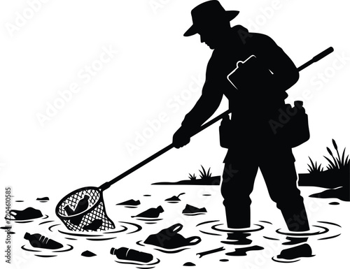 Volunteer silhouette cleaning water pollution vector illustration, black shadow of person collecting plastic trash from river with net, environmental protection and ecology concept graphic