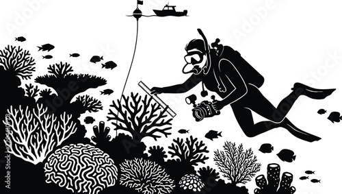 Scuba diver silhouette vector illustration underwater with coral reef, marine life, and boat