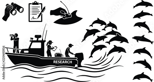 Dolphin research silhouette vector set with marine biologists, research boat, and leaping dolphins