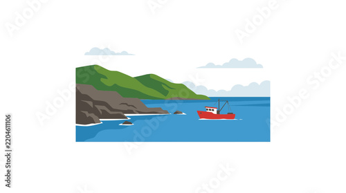 Minimalist Vector Illustration of a Red Fishing Boat at Sea