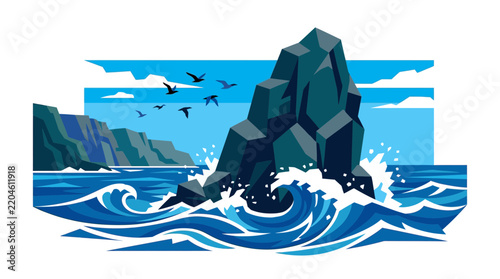 Stylized Ocean Seascape with Jagged Rock Formation