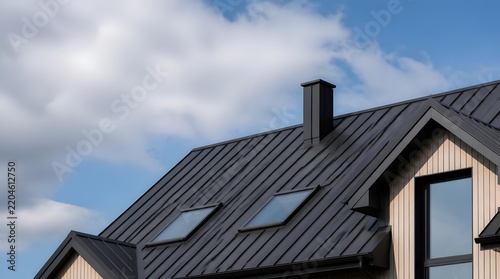 Modern house roof with standing seam metal panels and skylight windows