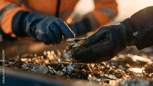 Workers in protective gloves sort through electronic waste and metal scraps