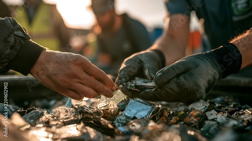 Workers sorting through recycled materials at a waste management facility