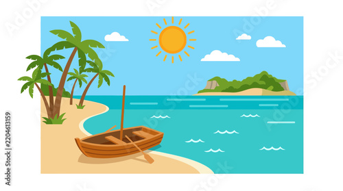 Tropical Island Beach Scene with Wooden Boat Flat Illustration