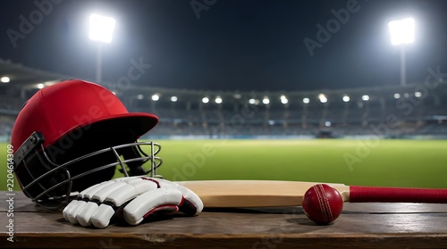 Red Cricket Helmet Bat and Leather Ball on Wooden Surface at Night