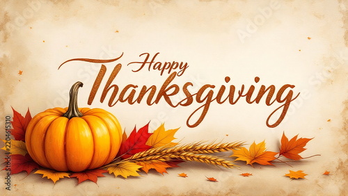 Happy Thanksgiving Greeting Typography Orange Pumpkin Autumn Leaves Wheat Stalks Parchment Background   