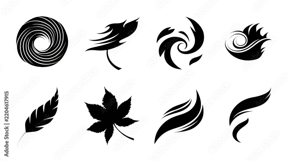 Fototapeta premium Set of black abstract swirl and leaf graphic design elements with swirl symbols leaf silhouettes abstract designs
