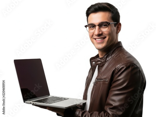 Smiling man holding open laptop