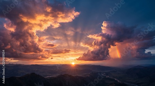 Sunset sky with dramatic storm clouds and faint rainbow over a mountain silhouette golden hour cloud formation sun set high altitude horizon line evening light landscape