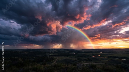 Dramatic sunset sky featuring a rainbow arching over a dark storm cloud landscape storm clouds after storm colorful sky outdoor scenery rain clouds golden hour weather condi
